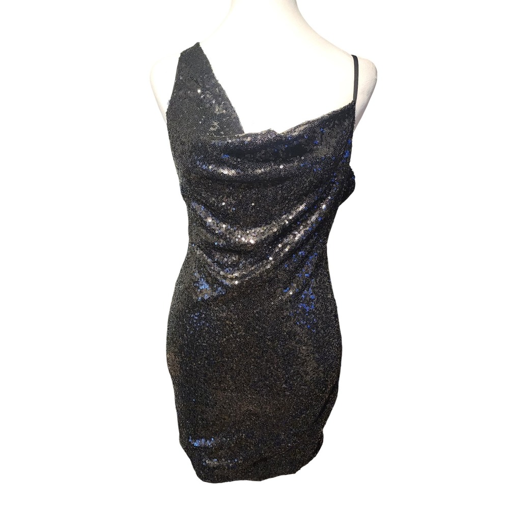 Hello Molly Black Sequin Cowl Neck Mini Dress Asymmetrical Low Back Size 6